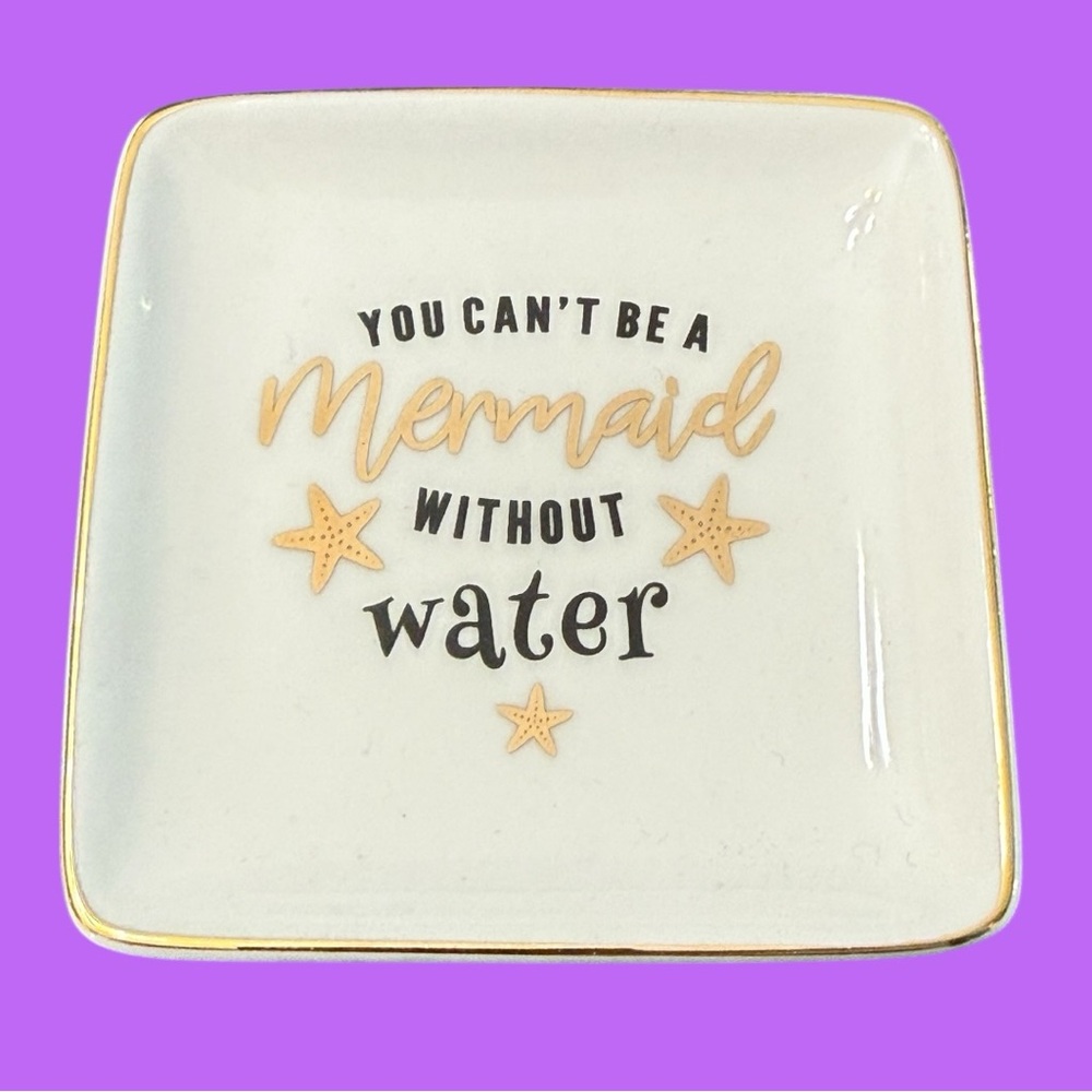 NWT White Ceramic Jewelry/Keys/Trinket Dish with Black & Gold Mermaid Vibes 🧜‍♀️